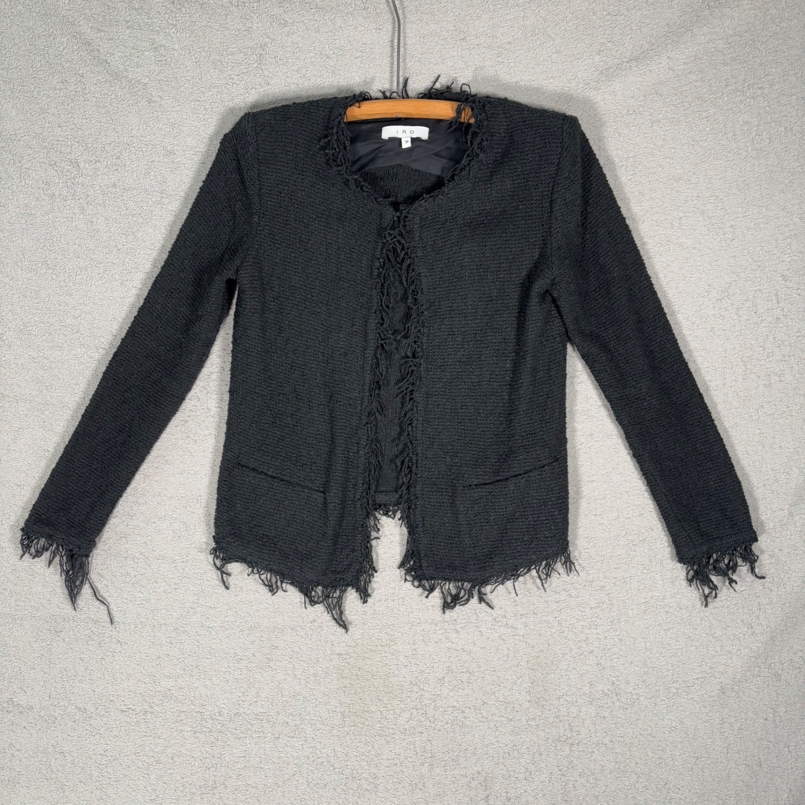 Iro Shavani Frayed Edge Cotton Blend Jacket Eu 36 Black Boucle Paris Luxury Chic